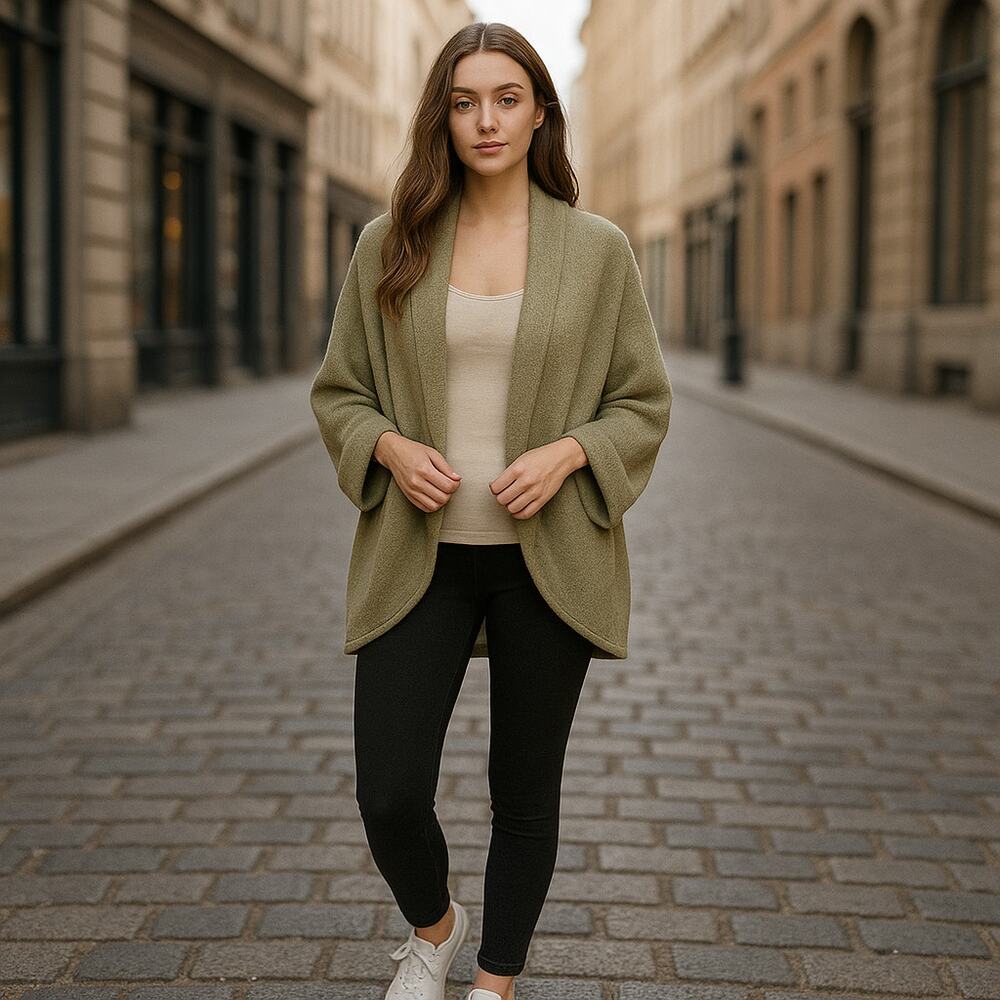 Olive Green Open Front Draped Cardigan –‎ Cozy Casual Layering Sweater M